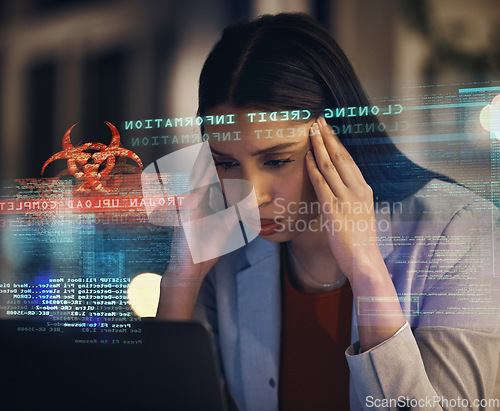 Image of Cyber security, hacking and data analytics employee, tired from working on it, software engineering glitch. Big data, cloud computing and information technology worker with credit database hacker