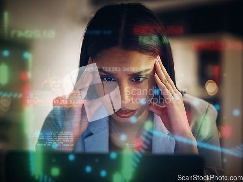 Image of Headache, stressed and serious frustrated finance trader feeling bad, tired and unhappy with her financial stock investments. Upset, worried and worried female thinking while working on her computer