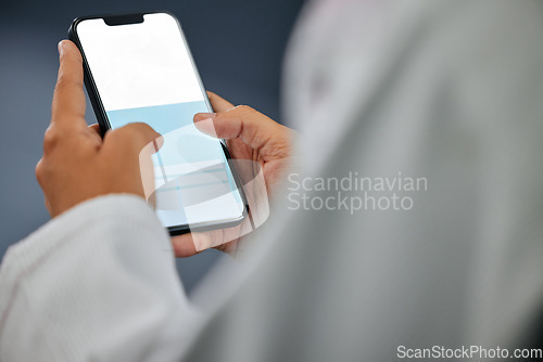 Image of Blank phone screen for searching the internet, browsing online and scrolling through social media. Person reading, sending and typing text messages on an app with a 5g mobile network connection