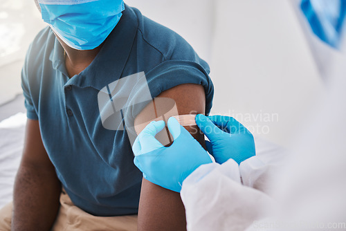 Image of Hospital nurse, covid vaccine flu shot and patient with mask, bandage plaster arm, medical doctor or healthcare professional worker. Coronavirus epidemic and disease control by medical expert.