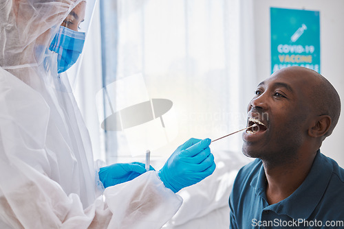 Image of Doctor, healthcare and covid test using swab in mouth of a patient to collect specimen at testing center. Medical professional in hazmat suit for hygiene while working with coronavirus in a hospital