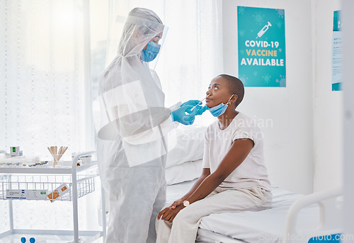 Image of Corona virus nasal swab of covid patient in a hospital room with testing equipment. Medical worker, nurse or doctor taking nose or nasal sample for protocol, routine covid19 disease test in a clinic