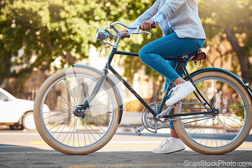 Image of Adventure, street travel and bike break outdoor in urban city in summer. Woman with vintage bicycle in a road for transport. Sustainability person traveling with health mindset or healthy energy
