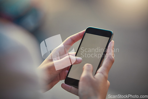 Image of Smartphone, closeup and mockup of mobile screen while hands are typing. Communication with 5g technology and internet on cellphone. Person holding phone to connect with people while outdoors.