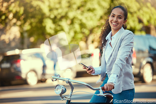Image of Business woman, bicycle and taking a mobile break outdoors in the street. Working lady in business travels with sustainable transport. Carbon neutral worker enjoys exercise and bike ride outside.