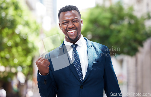 Image of Portrait of businessman, leader or CEO celebration, winner and happy outside in the city. Manager with happiness and motivation for business success and profit with a smile and pride for achievement