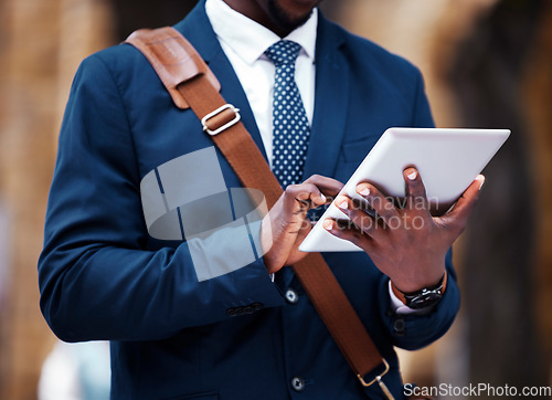 Image of Hand of business man working on 5g digital tablet in city, typing email online and networking on web. Professional corporate employee planning strategy on internet and marketing on social media