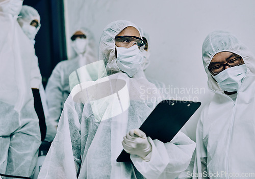 Image of Doctors, healthcare workers and health team doing inspection, cleaning a building during covid pandemic and checking for danger. Employees wearing masks to protect from virus at a working site