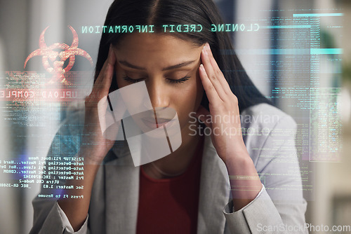 Image of Cyber security, internet fraud and 404 phishing virus for scam, hacked and data error with internet credit card cloning online. Stress woman in glitch scam, digital web mistake and privacy login risk