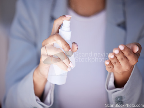 Image of Health, covid and cleaning hands business woman, hygiene female spray hand to help prevent spread of coronavirus. Worker, leader or corporate person spraying cleaner to clean and remove germs