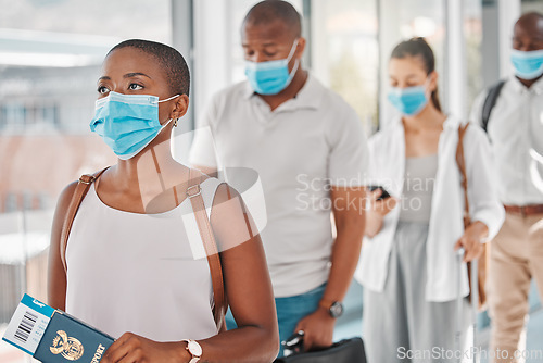 Image of Passport, covid and people in airport to travel during global pandemic in safety face masks and luggage. International women and man traveling on airplane follow corona virus safety world regulations