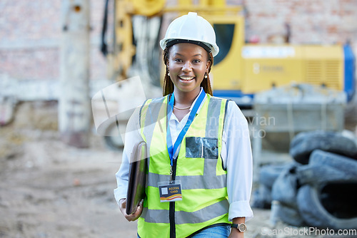 Image of Happy engineer, construction worker or architect woman feeling proud and satisfied with career opportunity. Portrait of black building management employee or manager working on a project site