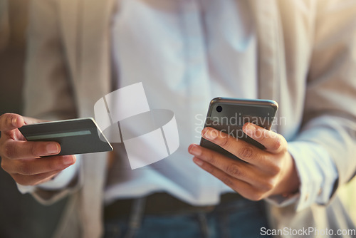 Image of Credit card, money and phone banking with a woman doing online shopping or investment. Mobile, fintech and hands buying or payment or trading on stock market or finance and working on tech