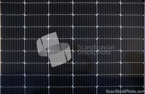 Image of Solar energy, electricity and sustainability solar panel grid for harvesting energy on biodegradable sun farm. Closeup texture of environment engineering, renewable energy and future eco innovation