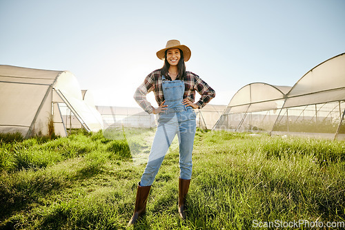 Image of Greenhouse, agriculture farmer woman in proud and happy portrait with a vision for success and sustainable agriculture development. Sustainability and eco worker or entrepreneur farming in summer