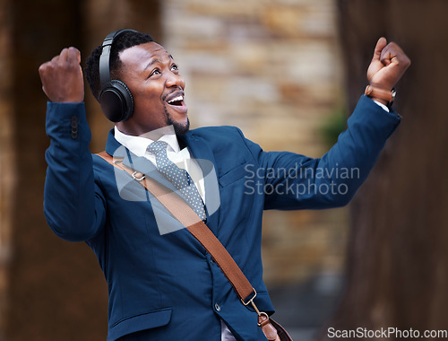 Image of Businessman, happy and headphones of a worker or employee enjoying wireless connectivity in the outdoors. Excited, social and man listening to 5g connection to music in advertising mockup background.