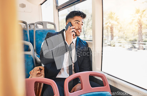 Image of Phone, travel or communication with a business man talking and networking on a bus, public transport and commuting in a city. 5g mobile technology with a young worker having a conversation on a call