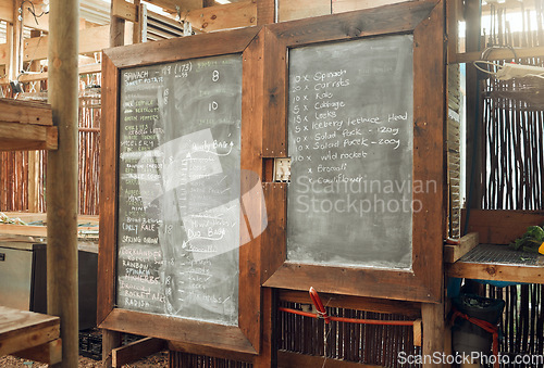 Image of Supermarket or cafe kitchen planning blackboard, restaurant fridge food and cooking home dinner diet for coffee shop customers. Healthy grocery store shopping list, vegetables and bbq grill.