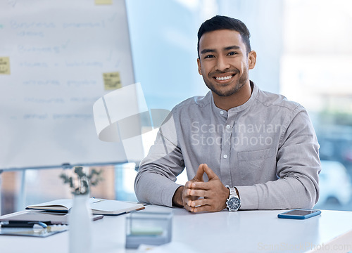 Image of Corporate, accounting and business man with a smile ready to work on financial success. Investment cash accountability, b2b growth and growth strategy of a happy finance worker in a company office