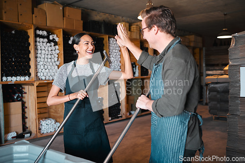 Image of Success, partnership and collaboration business partner high five while working together in a wine distillery. Winemaker workers excited and having fun pressing grapes in the wine industry together