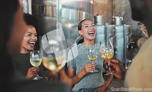 Image of Celebration, champagne glasses and friends at wine tasting experience or celebrating success for about us hospitality homepage. Business people drinking luxury alcohol in winery business or industry