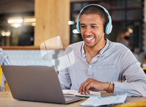 Image of Laptop webinar, workshop training or zoom call meeting in cafe, restaurant or coffee shop with paper. Learning student or headphones man listening to video conference or mentor education presentation