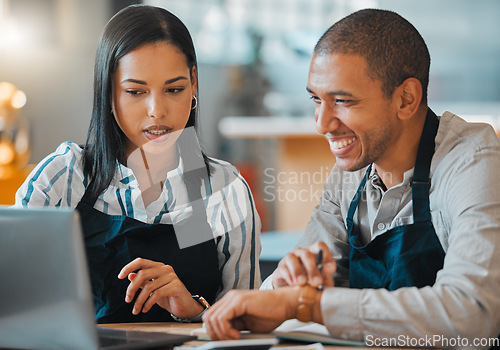 Image of Waiter, laptop and cafe restaurant manager in small business meeting with employee for financial budget or inventory. Coffee shop, bakery worker planning or review marketing or advertising strategy