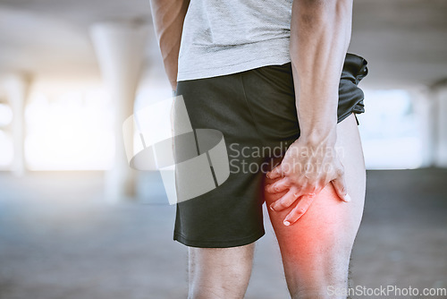 Image of Sports man, runner and thigh injury to hamstring muscle for fitness, wellness and health person. Running, workout and exercise expert suffer medical leg pain after high performance training in city