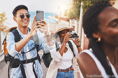 Image of Happy photographer people on travel summer vacation or holiday for international tourism and lens flare. Young influencer or tourist man, woman and friends doing photography for social media branding