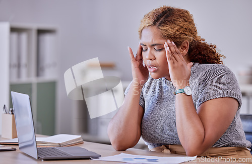 Image of Headache, burnout and stress business woman or entrepreneur working with 404, anxiety and technology glitch in office laptop. Corporate employee an sad worker with mental health at desk.