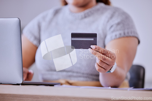 Image of Credit card, online shopping and payment on laptop from internet, web or cyber retail store. Client, customer or business woman making purchase using electronic banking app or website.