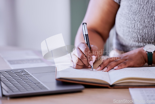 Image of Project management, planning and woman with notebook and laptop for marketing or social media calendar with laptop schedule planner software. Hands of an office worker writing ideas, goals and plan