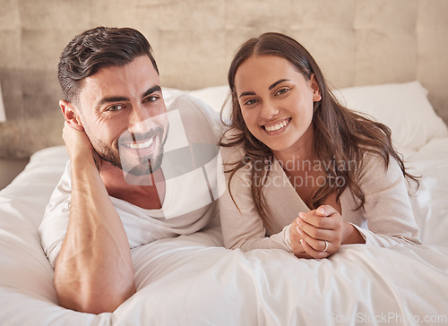 Image of Love couple together in bedroom house, apartment or home to relax, smile and be happy. Portrait of romantic man and woman, young people and intimate partner in safe relationship and loving marriage