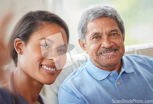 Image of Portrait senior man and woman nurse with a selfie in the living room of a retirement home. Healthcare worker and elderly male smile while bonding on a couch together at a house for retired people