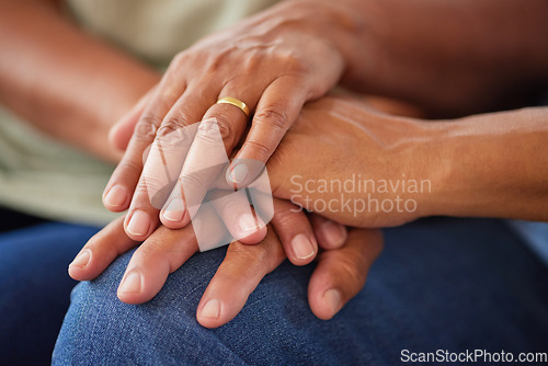 Image of Support, cancer and trust by couple hands holding in love and comfort together in the hope of unity. Closeup of united people touching and showing compassion and care for a happy marriage