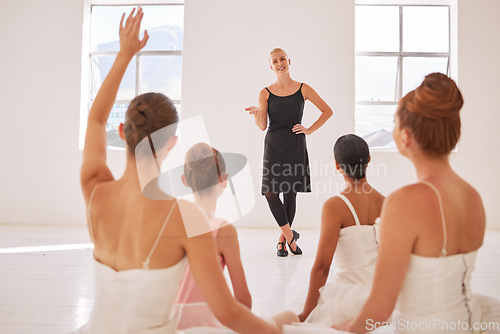 Image of Ballet dance class, coach teaching or coaching and women learning professional dance in a studio. Young artist or girl students in training for a performance with dancing teacher