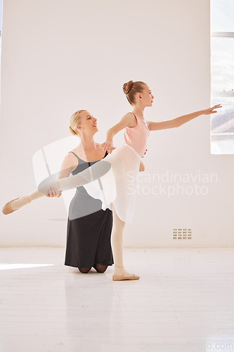 Image of Ballet girl, teacher and learning dance with ballerina student and tutor doing posture and flexibility training an academy school. Education, passion and art dancer in practice for performance