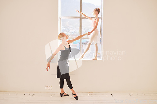 Image of Art, ballet and dance teacher with girl ballerina practicing posture by a window in a studio. Creative child dancer training with an instructor for a recital concert. Young student dancing with coach