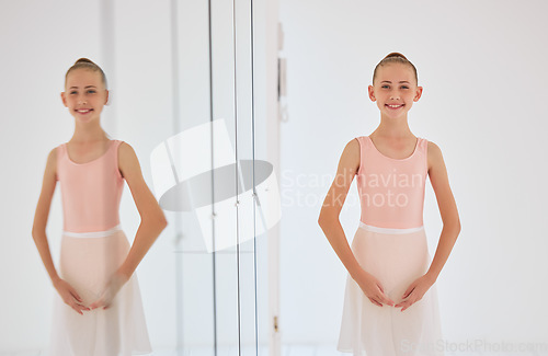 Image of Young ballet dancer dancing in a dance studio or class and learning or training for performance and at school. Portrait of a happy, elegant and smiling little girl ballerina or child performing