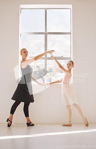 Image of Student, teacher and girl learning ballet stage theatre performance balance, art and training in dance class studio. Lifestyle, energy and woman teaching and coaching young ballerina to master talent