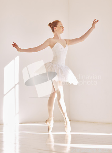 Image of Professional dancer woman in ballet dance studio, art school for performance in class with mockup white background. Young student in art school dancing in a princess fashion design with sunshine