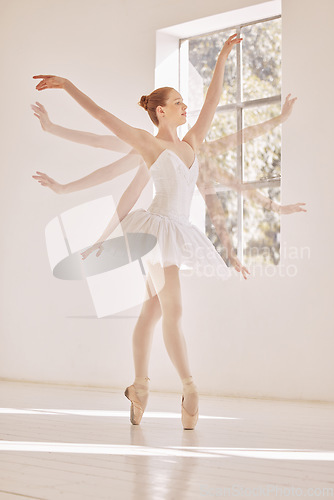 Image of Ballet, arms and creative ballerina doing a flying spin technique in modern dance studio. Woman dancer with swan cgi training for art theater performance. Classical athlete dancing with wings motion.