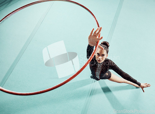 Image of Fitness, sports and hula hoop stage dancer exercise, workout and training for balance, dancing and pattern movement. Circus, artist and creative young girl serious about craft, gymnastics and talent