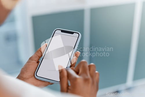 Image of Phone, mock up and search space for b2b marketing, company website or kpi data. Zoom on business woman or office worker building startup logo brand, contact us crm mockup or digital social media app