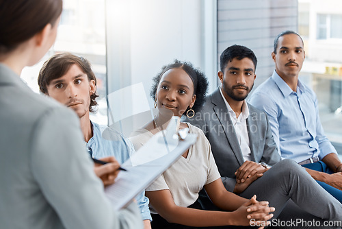 Image of Recruitment, hiring and future business people in job interview waiting in line for human resources in office. Application, hr and vacancy search for diversity new job or job seeking resume in queue