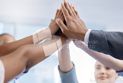 Image of Hands of corporate team in diversity, partnership and solidarity for success ,collaboration at office. Group of global business people, business staff or company people on our vision management goal