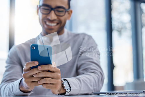 Image of Phone with good news for a happy and excited male entrepreneur reading online social media posts in the office. Business man texting and browsing the internet or using mobile app, web or website