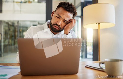 Image of Stress, burnout and sad eyes of businessman on laptop working late on an email at house or home. Headache, mental health and disappointed worker working on finance, accounting or financial tax