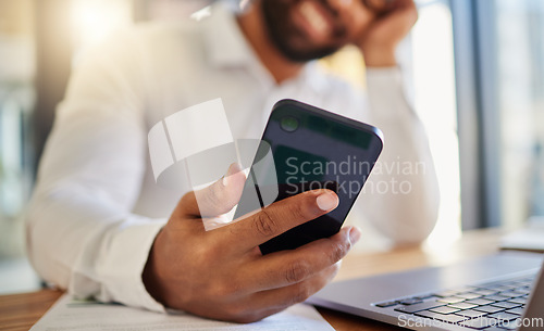 Image of Phone, communication and networking with a mobile in the hand of a business man in the office. Contact us, social media and cellphone technology for conversation, connectivity and the internet