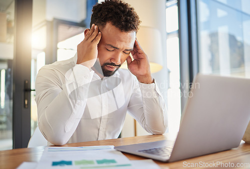 Image of Stress, burnout and headache businessman on laptop with error, problem or frustrated job for work mental health awareness with lens flare. Tired, depressed manager at web tech company with lens flare